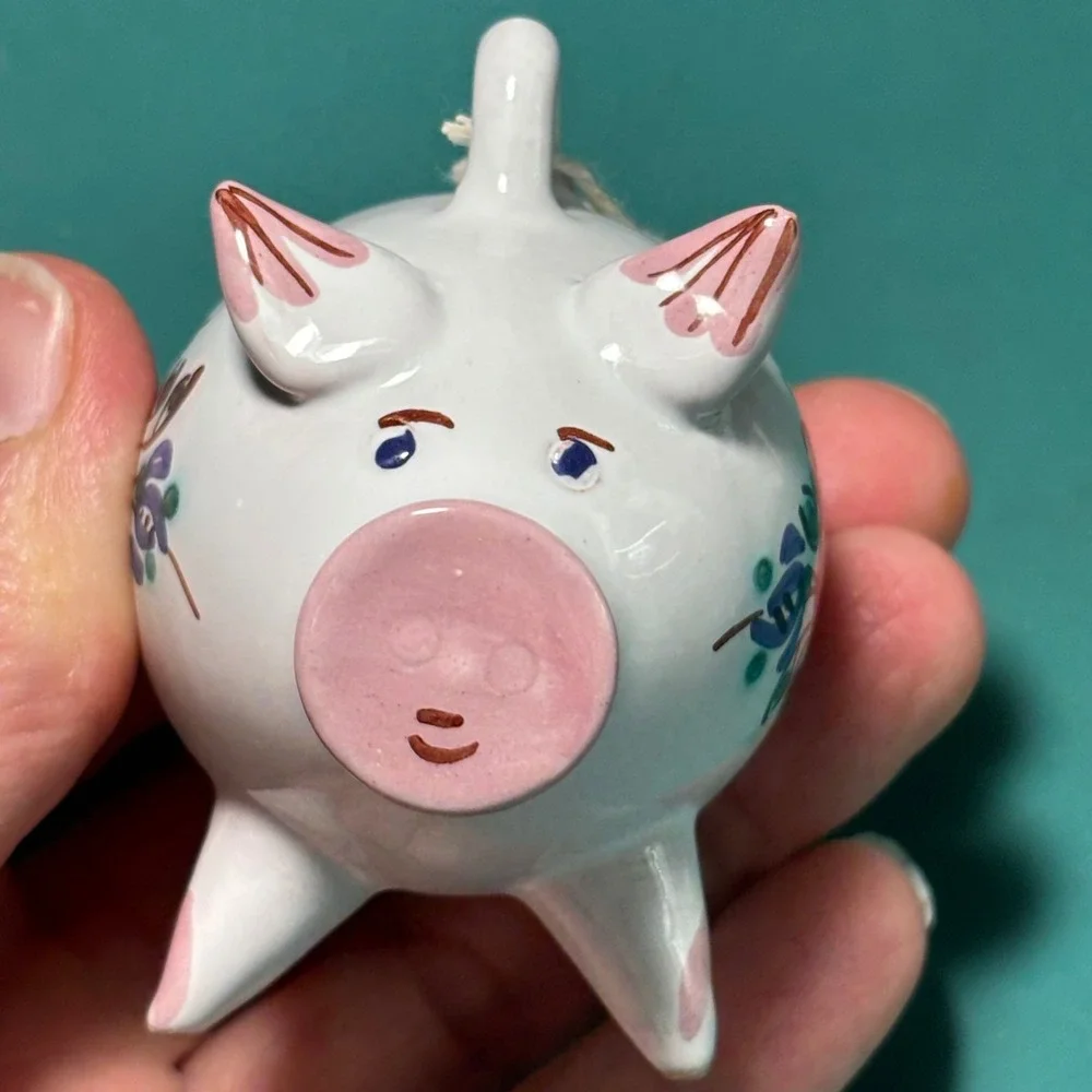 Vintage White Hand Painted Floral Ceramic Pig Hanging Ornament Figurine